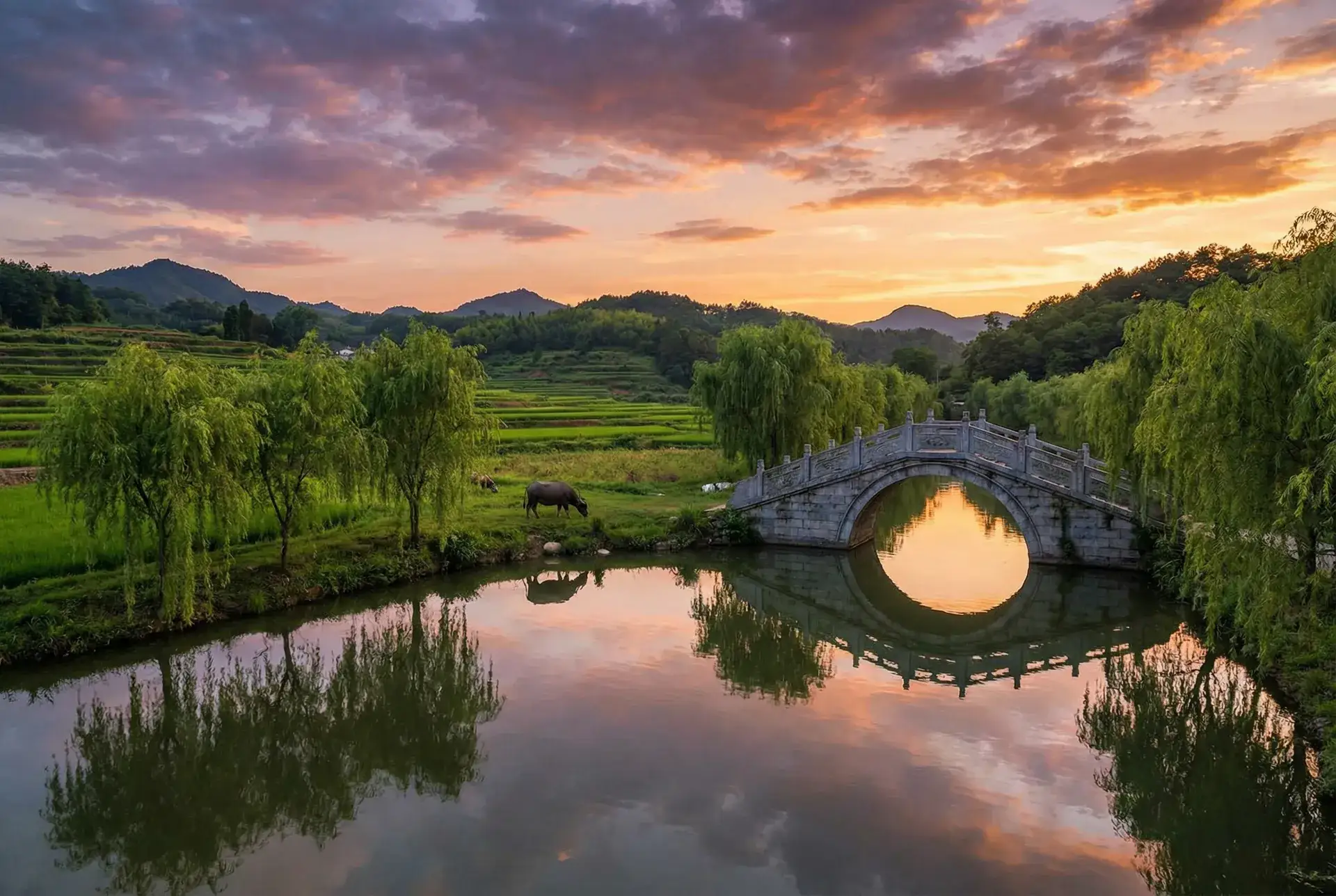 夕阳下的石拱桥与垂柳，水牛在河边吃草 - 庆余年免费观看西瓜 乡村美景